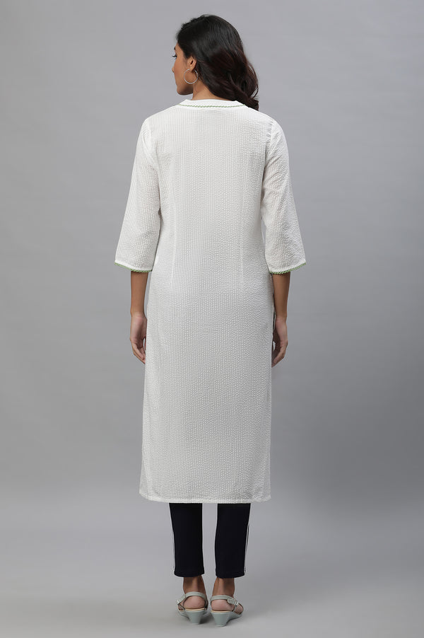 White Floral Printed Textured Cotton Straight Kurta and Jeggings Set