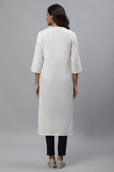 White Floral Printed Seer Sucker Straight Kurta and Jeggings Set