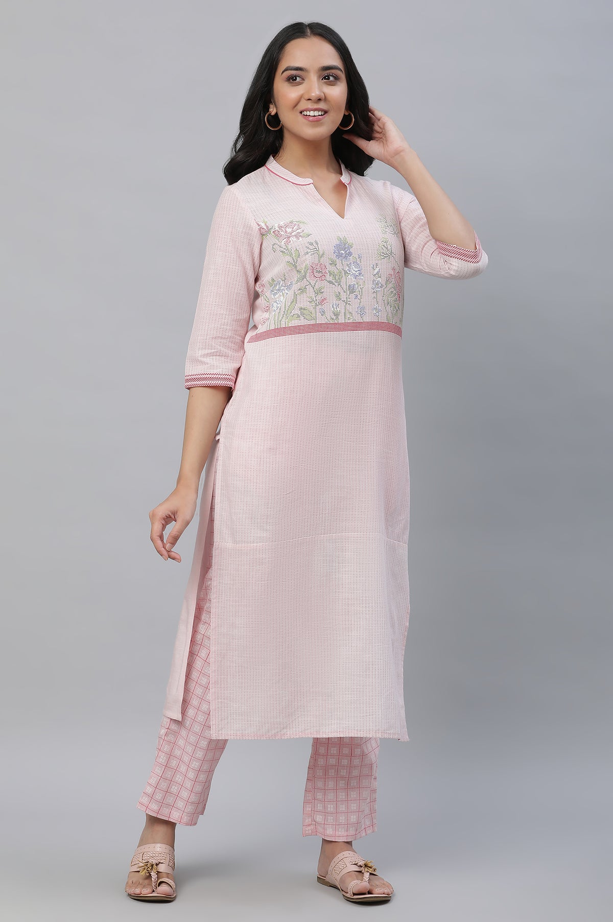 Pastel Pink Printed Pure Cotton Straight Kurta and Checker Palazzo Set - XS