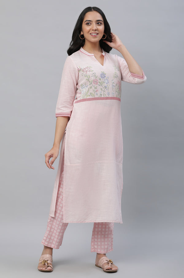 Pastel Pink Printed Pure Cotton Straight Kurta and Checker Palazzo Set