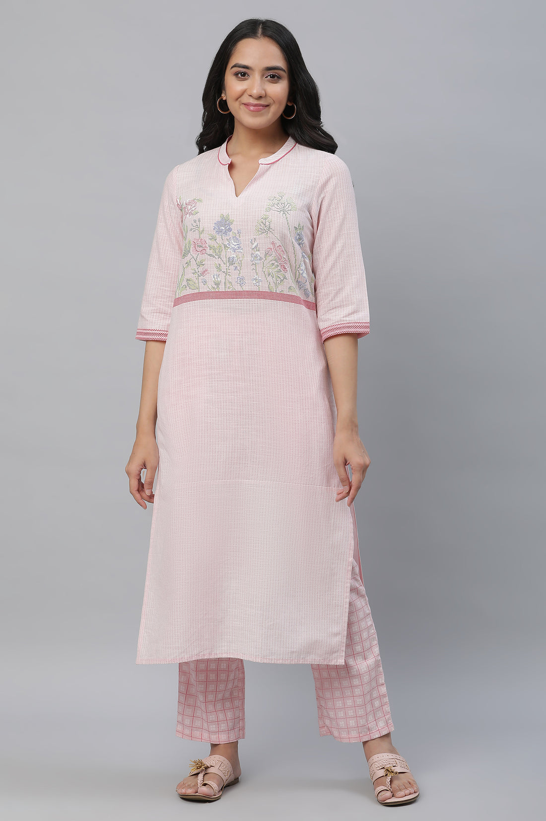 Pastel Pink Printed Pure Cotton Straight Kurta and Checker Palazzo Set