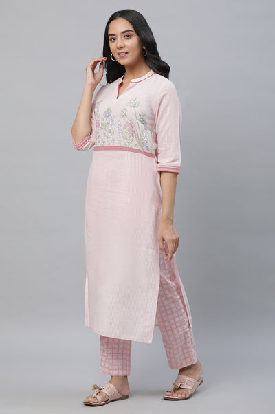 Pastel Pink Printed Pure Cotton Straight Kurta and Checker Palazzo Set