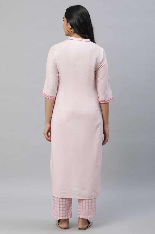 Pastel Pink Printed Pure Cotton Straight Kurta and Checker Palazzo Set