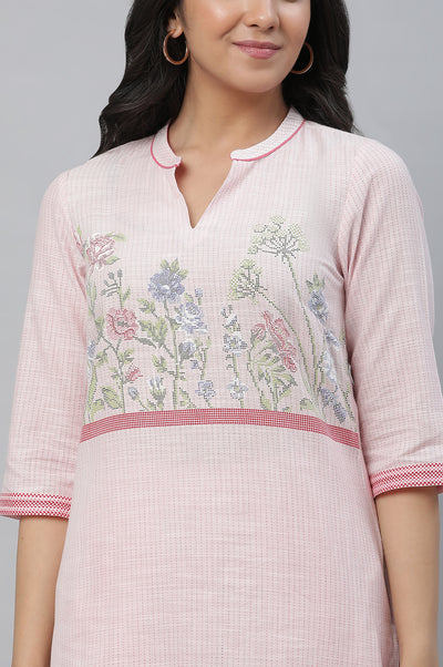 Pastel Pink Printed Pure Cotton Straight Kurta and Checker Palazzo Set