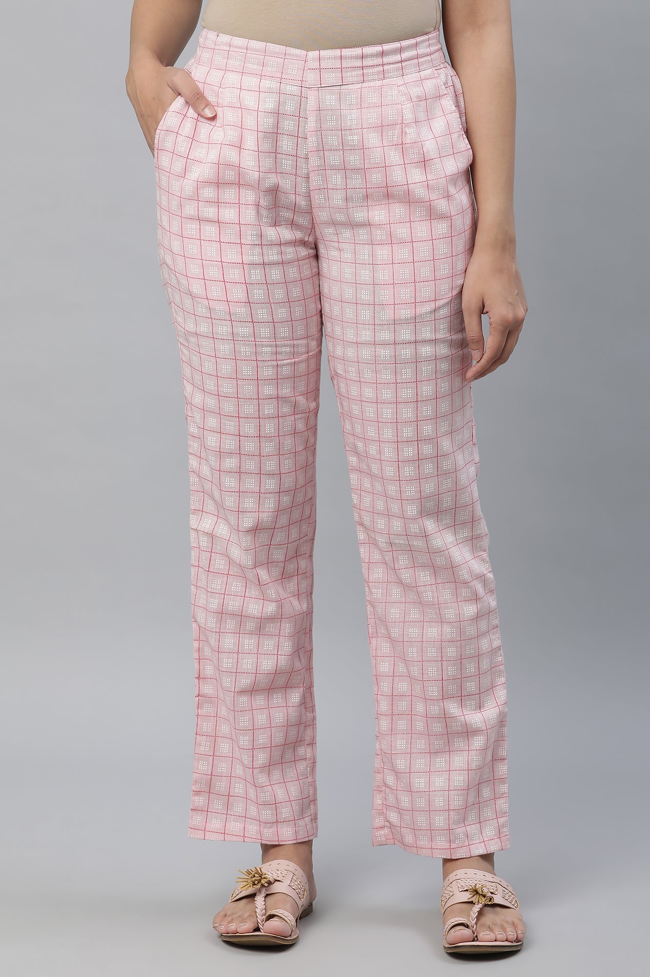 Pastel Pink Printed Pure Cotton Straight Kurta and Checker Palazzo Set