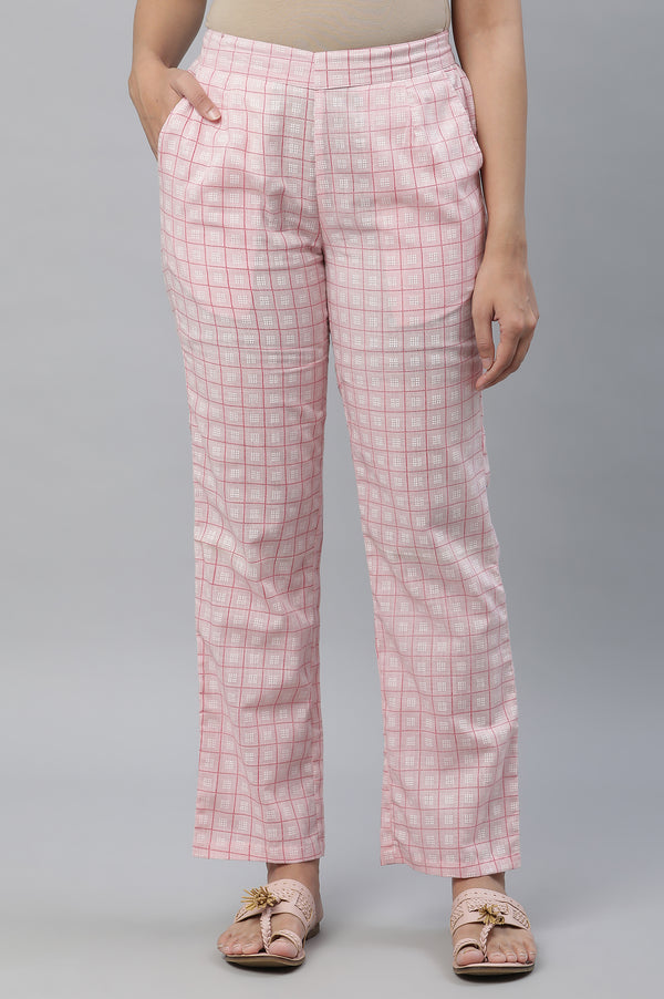 Pastel Pink Printed Pure Cotton Straight Kurta and Checker Palazzo Set