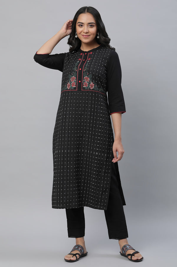 Black Printed Cotton Blend Straight Kurta and Trouser Set