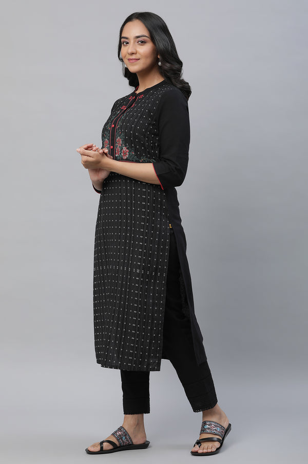 Black Printed Cotton Blend Straight Kurta and Trouser Set