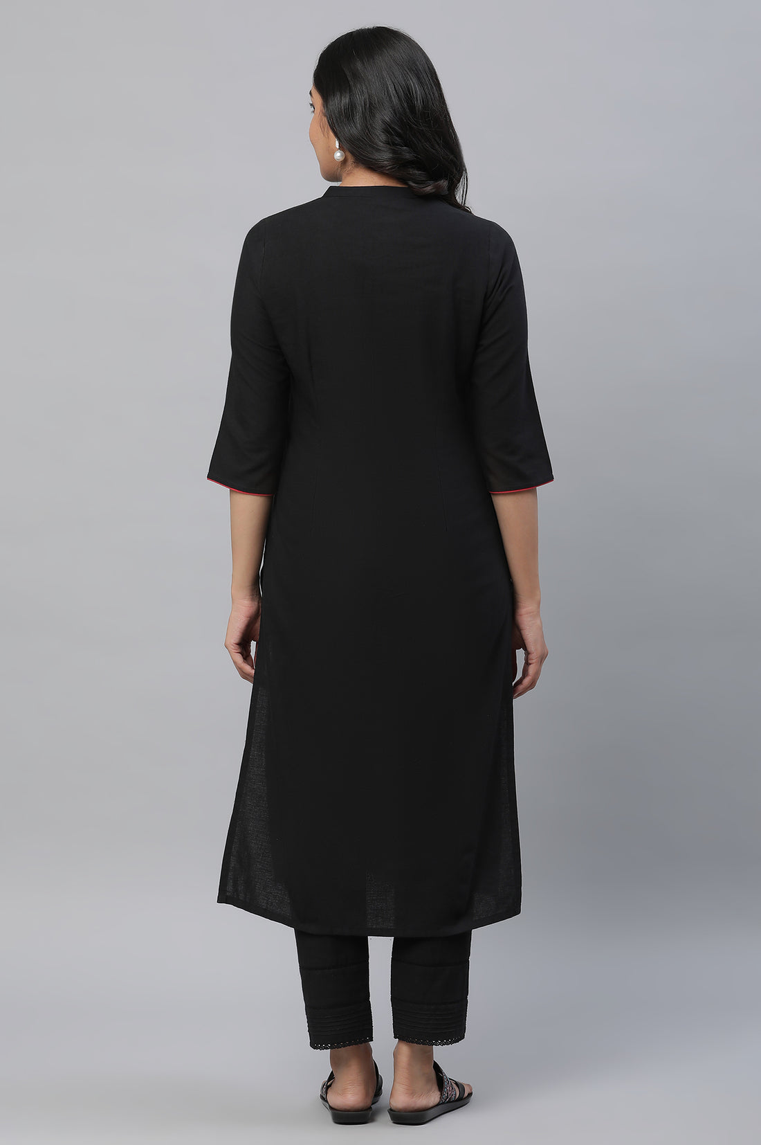 Black Printed Cotton Blend Straight Kurta and Trouser Set