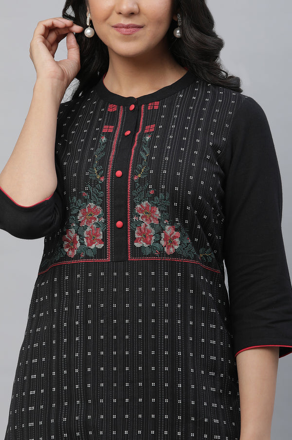 Black Printed Cotton Blend Straight Kurta and Trouser Set