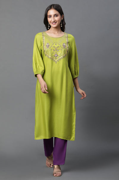 Green Zari Embroidered Straight Kurta and Palazzo Set