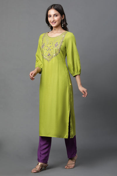 Green Zari Embroidered Straight Kurta and Palazzo Set