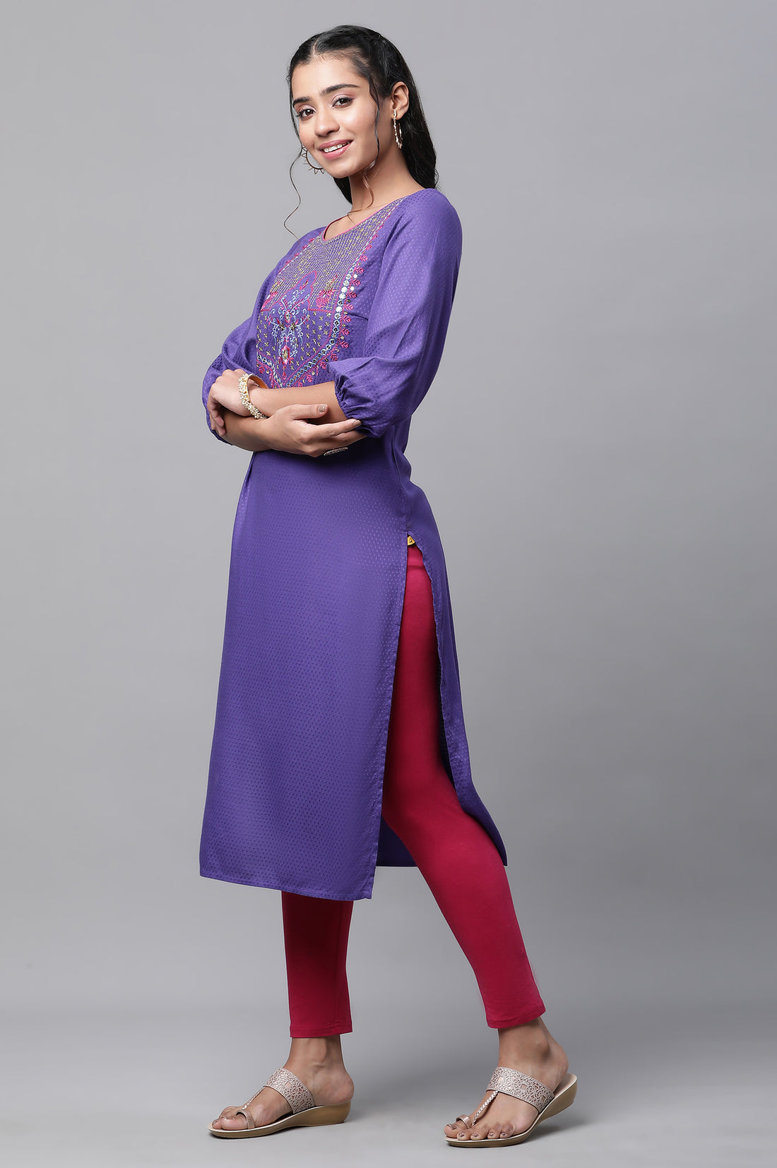 Blue Zari Embroidered Straight Kurta and Leggings Set