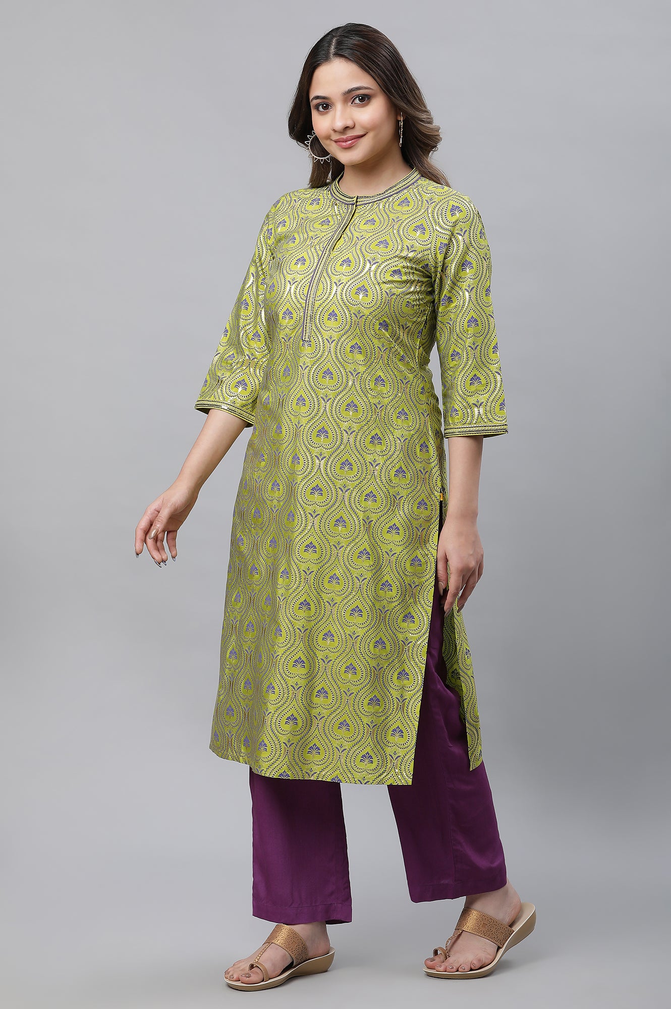 Green Foil Printed Embellished Straight Kurta and Palazzo Set
