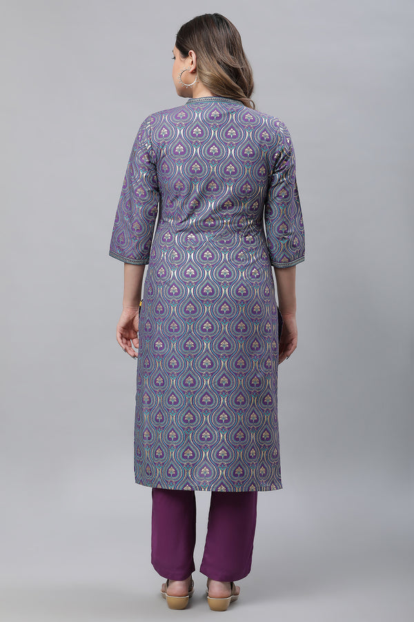 Purple Foil Printed Embellished Straight Kurta and Palazzo Set