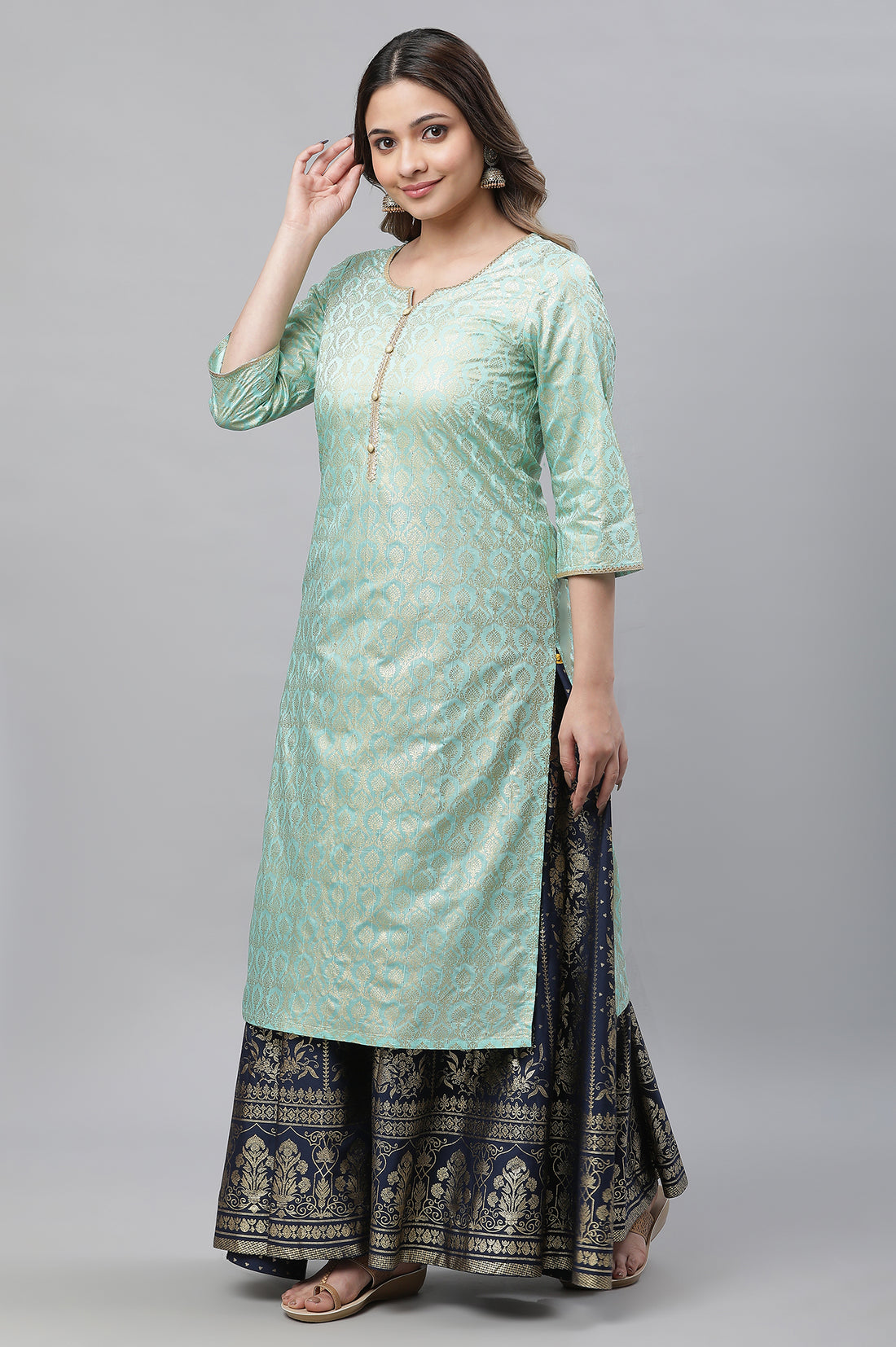 Mint Green Foil Printed Embellished Straight Kurta and Skirt Set