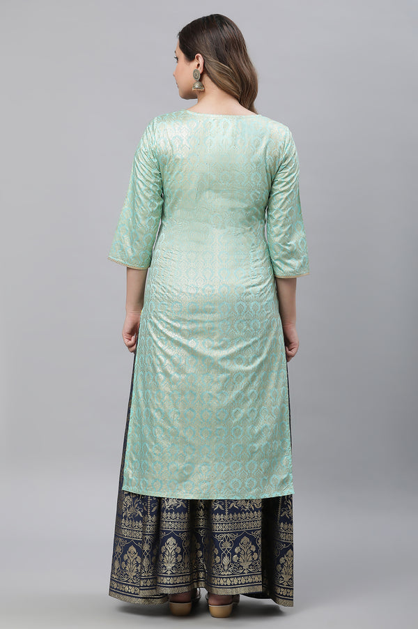 Mint Green Foil Printed Embellished Straight Kurta and Skirt Set
