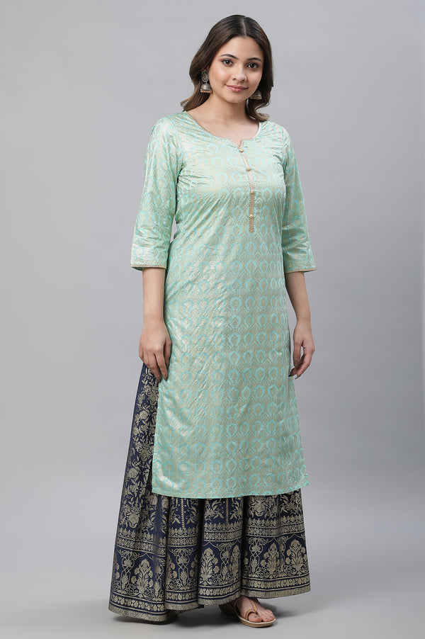 Mint Green Foil Printed Embellished Straight Kurta and Skirt Set