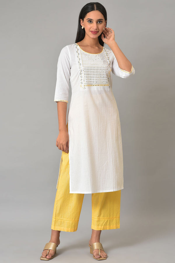 White Zari Embroidered Cotton Lurex Straight Kurta and Palazzo Set