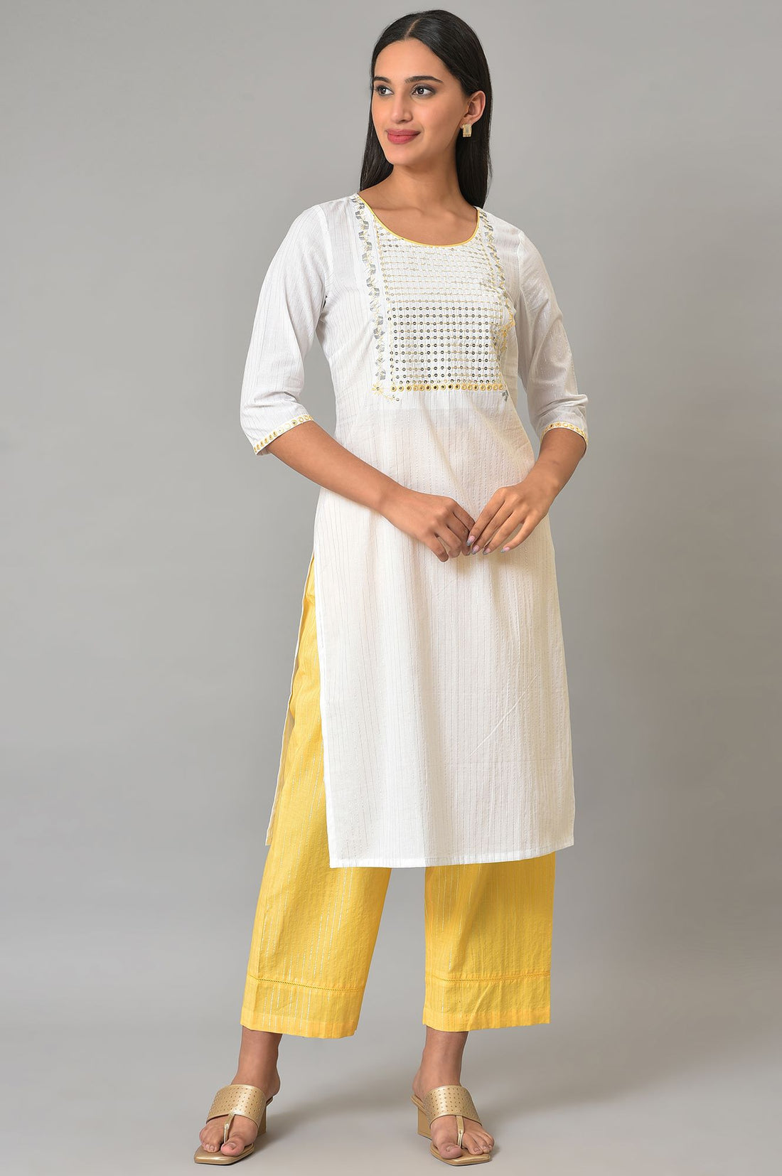 White Zari Embroidered Cotton Lurex Straight Kurta and Palazzo Set