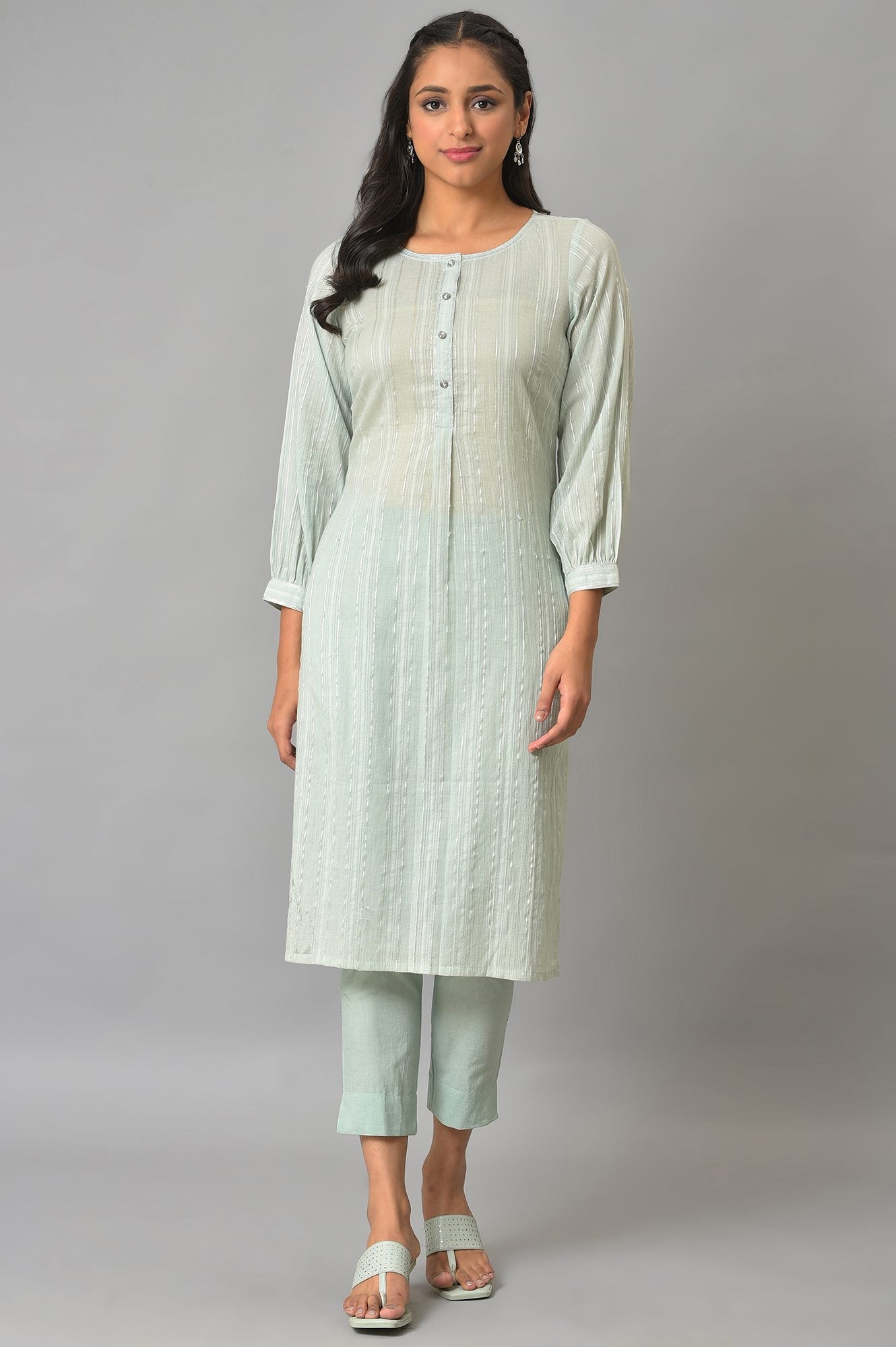 Green Leno Striped Straight Kurta and Trouser Set