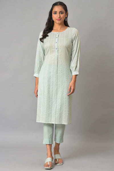 Green Leno Striped Straight Kurta and Trouser Set