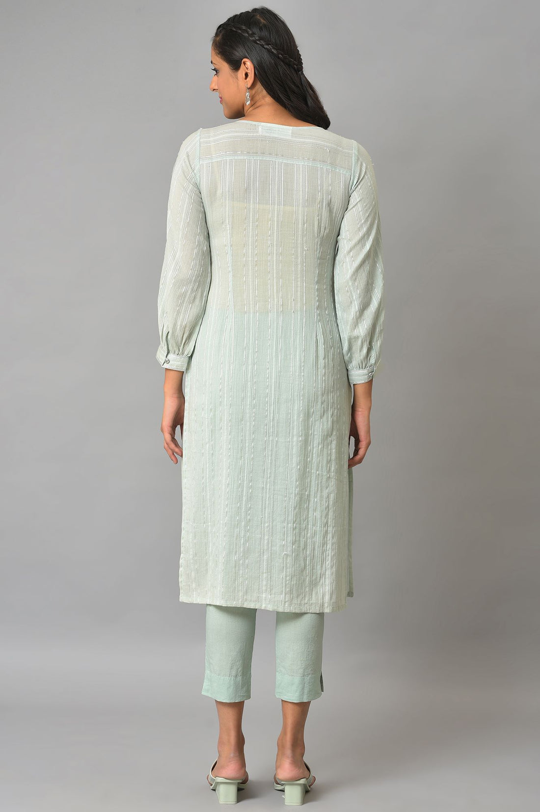 Green Leno Striped Straight Kurta and Trouser Set