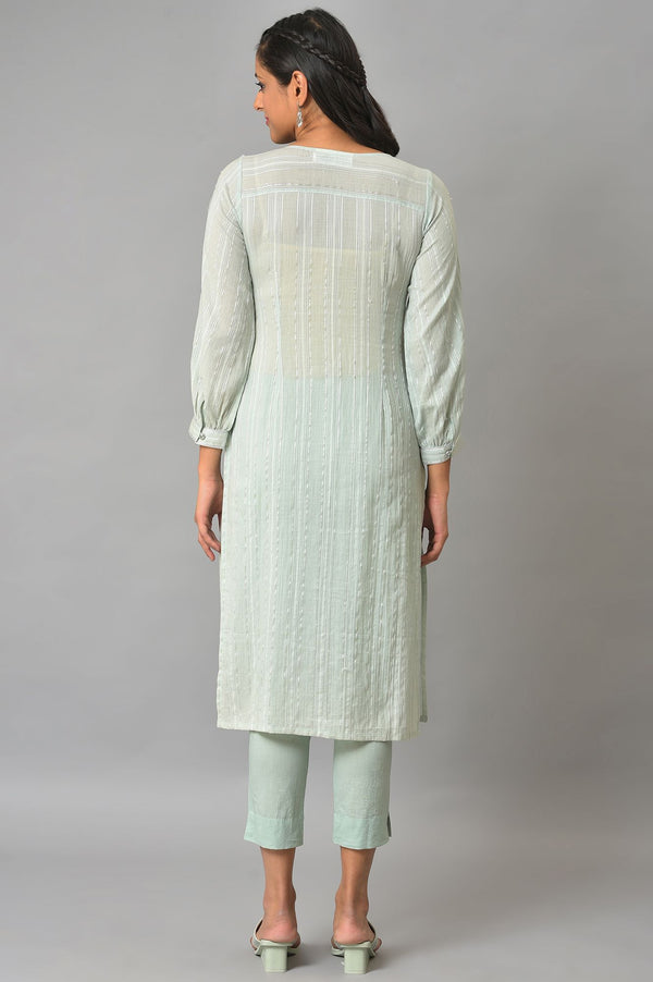 Green Leno Striped Straight Kurta and Trouser Set