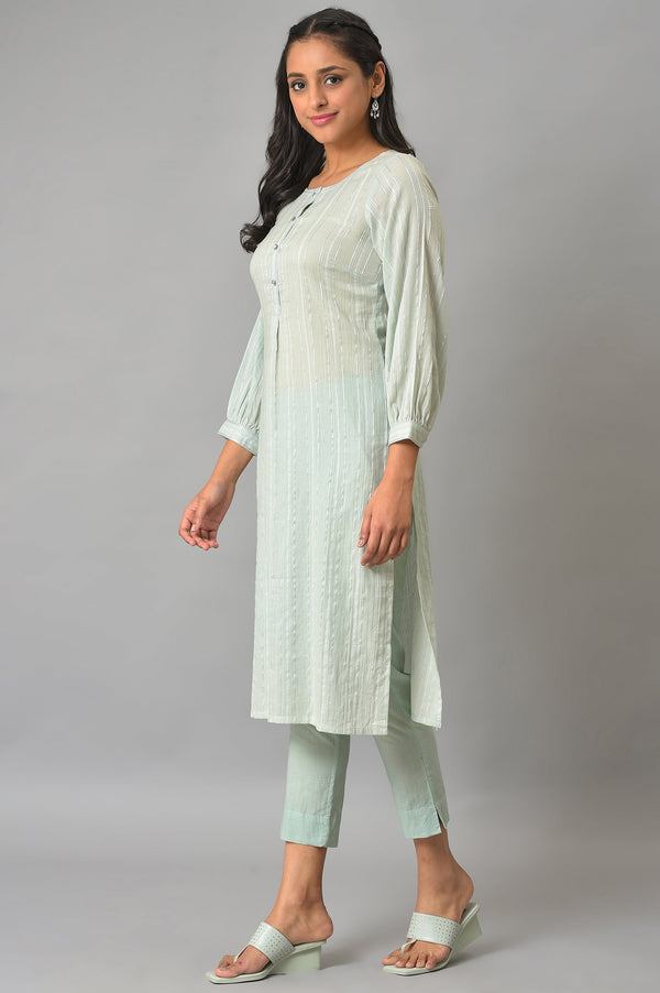 Green Leno Striped Straight Kurta and Trouser Set