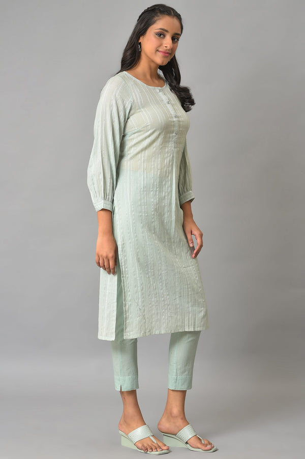Green Leno Striped Straight Kurta and Trouser Set