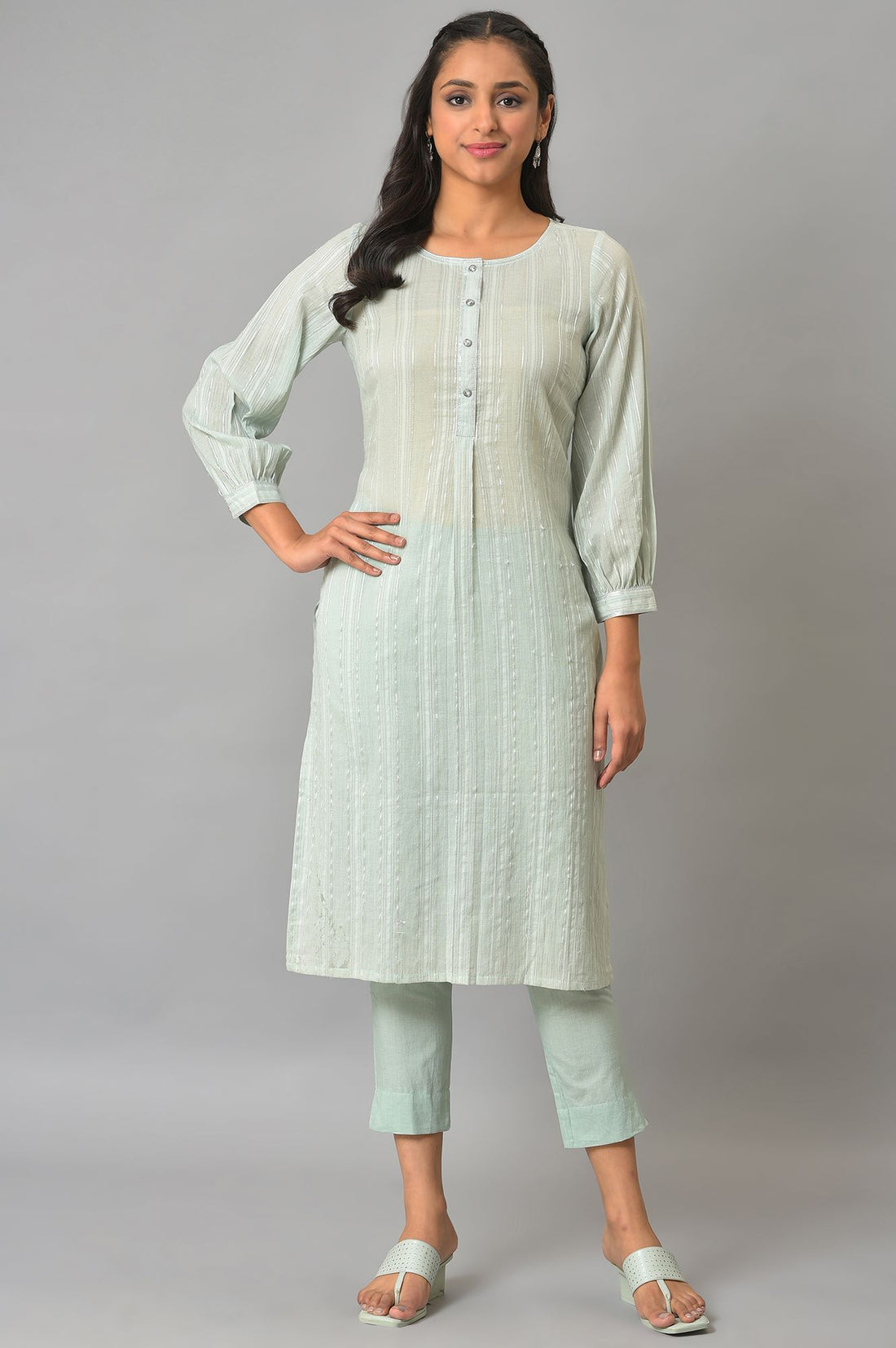 Green Leno Striped Straight Kurta and Trouser Set