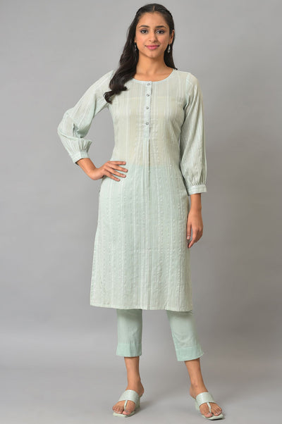 Green Leno Striped Straight Kurta and Trouser Set