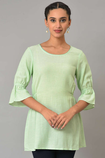 Green Melange Twill Short Kurti and Blue Denim Jeggings Set