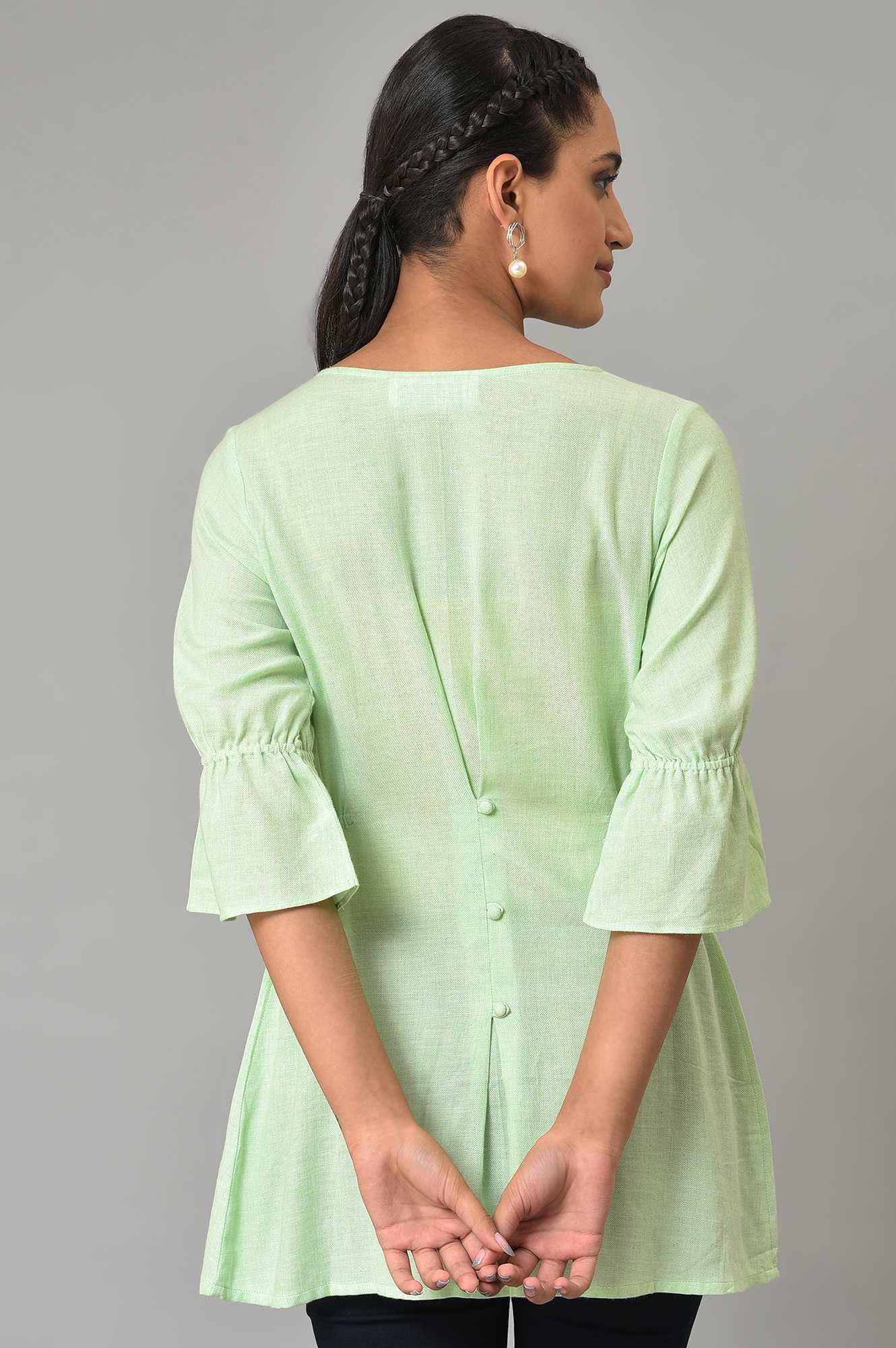 Green Melange Twill Short Kurti and Blue Denim Jeggings Set
