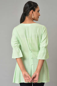 Green Melange Twill Short Kurti and Blue Denim Jeggings Set
