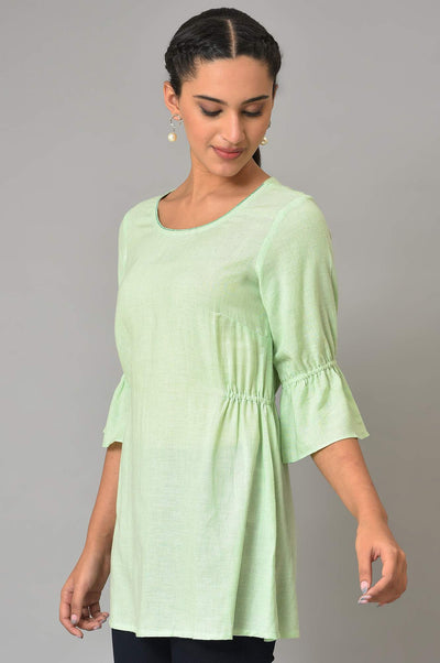Green Melange Twill Short Kurti and Blue Denim Jeggings Set