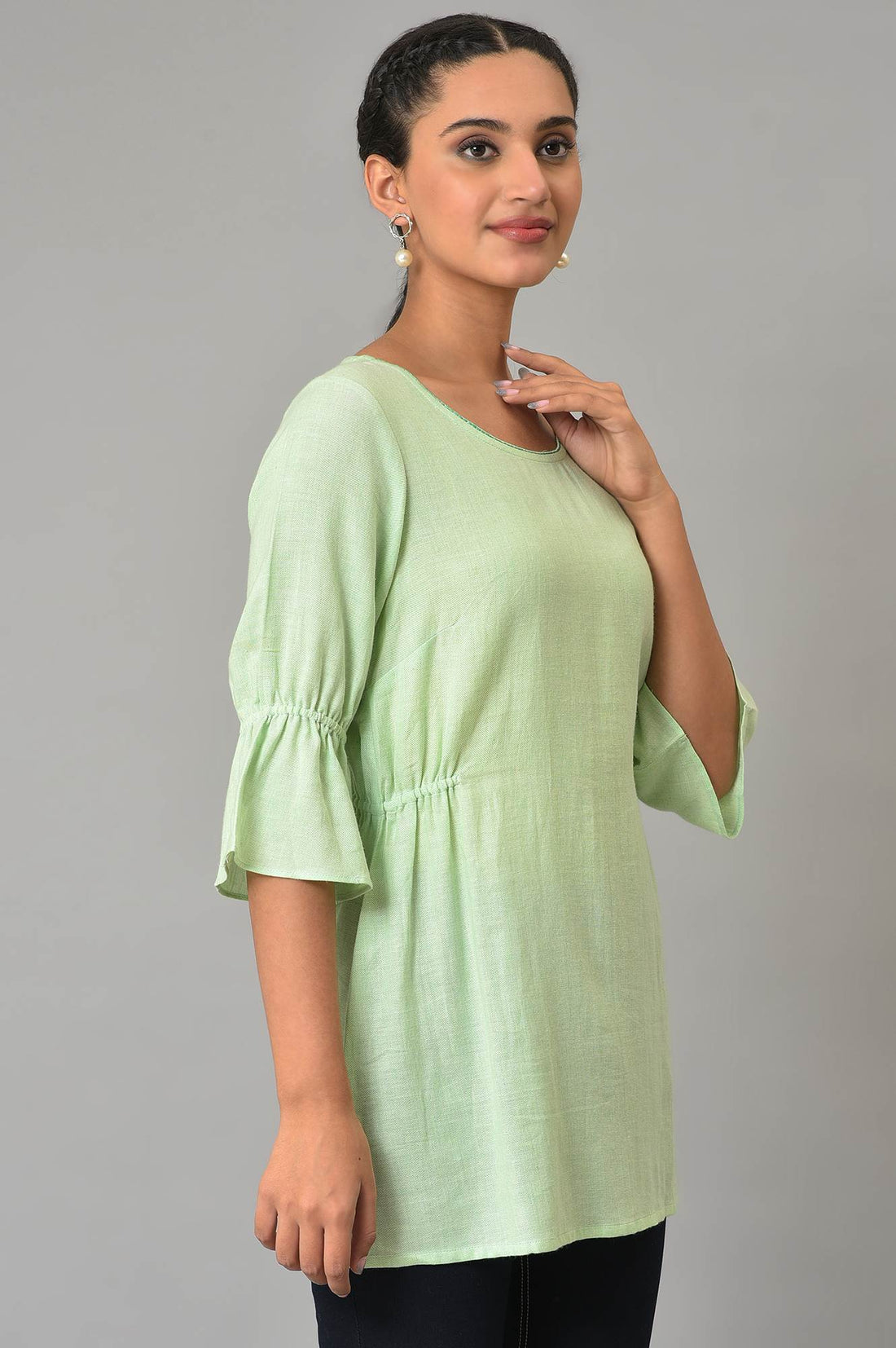 Green Melange Twill Short Kurti and Blue Denim Jeggings Set
