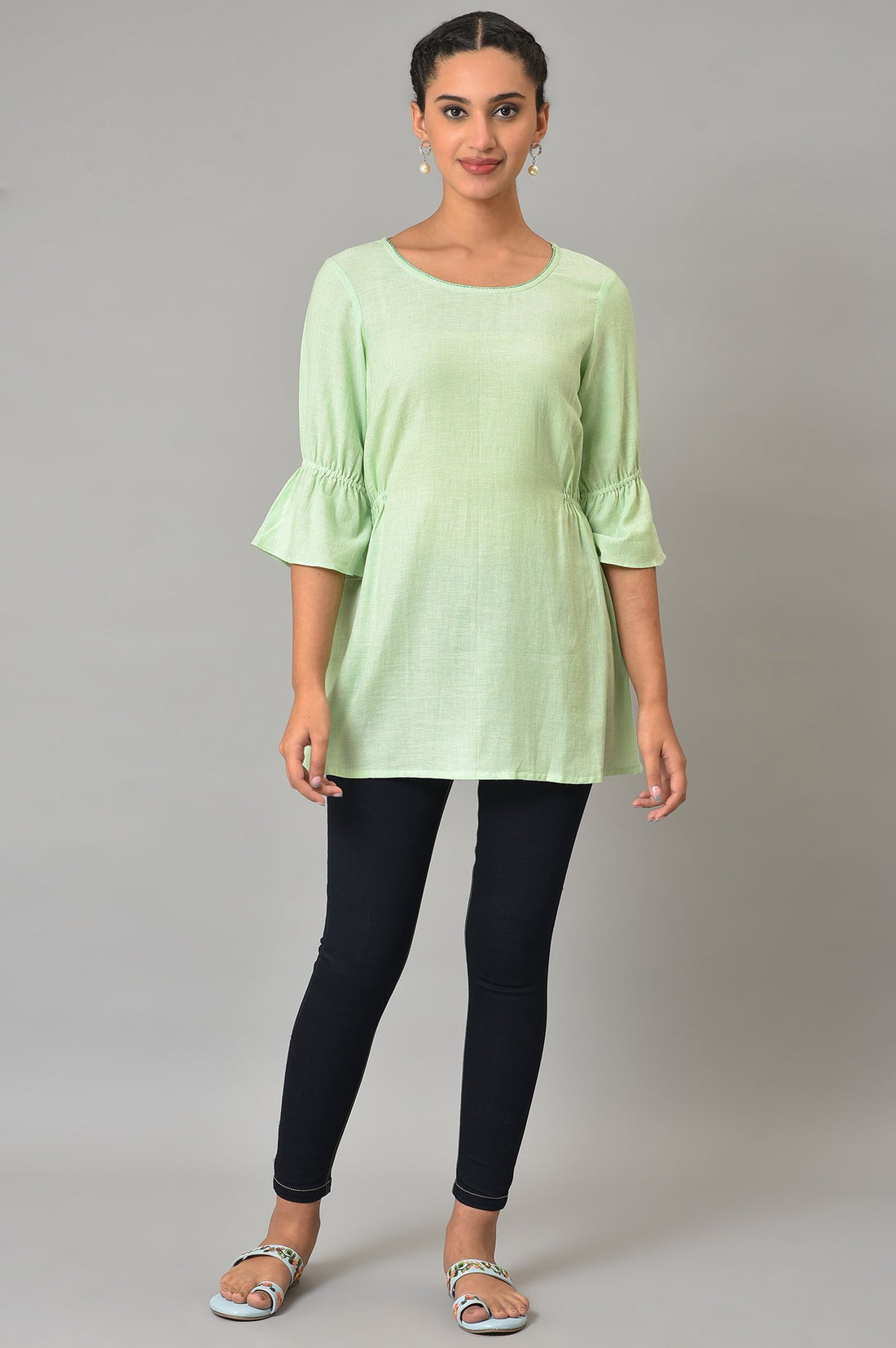 Green Melange Twill Short Kurti and Blue Denim Jeggings Set