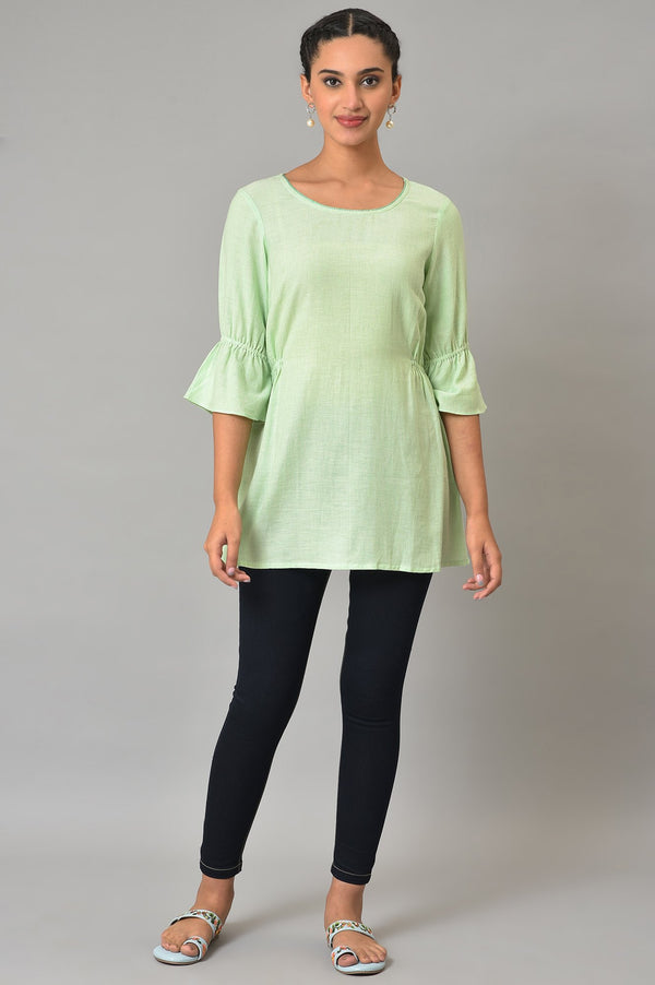 Green Melange Twill Short Kurti and Blue Denim Jeggings Set