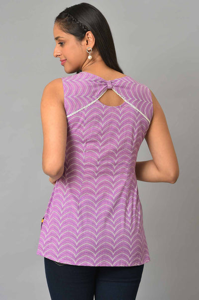 Purple Printed Sleeveless Short Kurti and Denim Jeggings Set