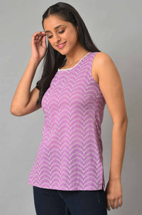 Purple Printed Sleeveless Short Kurti and Denim Jeggings Set