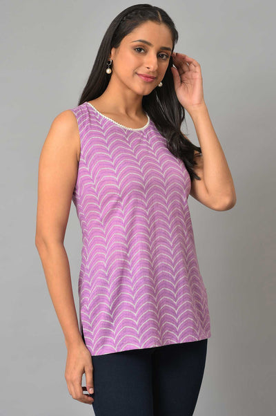 Purple Printed Sleeveless Short Kurti and Denim Jeggings Set
