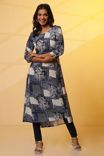 Blue Floral Printed Patch Work Flared Kurta and Leggings Set