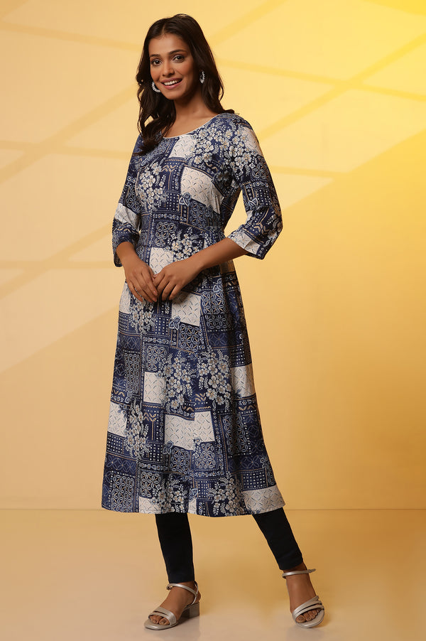 Blue Floral Printed Patch Work Flared Kurta and Leggings Set