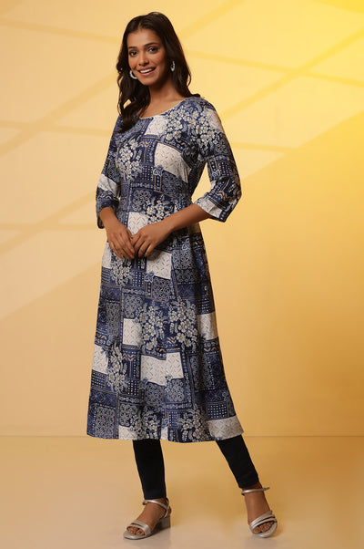 Blue Floral Printed Patch Work Flared Kurta and Leggings Set
