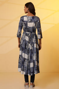 Blue Floral Printed Patch Work Flared Kurta and Leggings Set