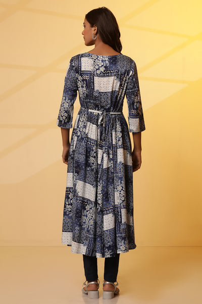 Blue Floral Printed Patch Work Flared Kurta and Leggings Set