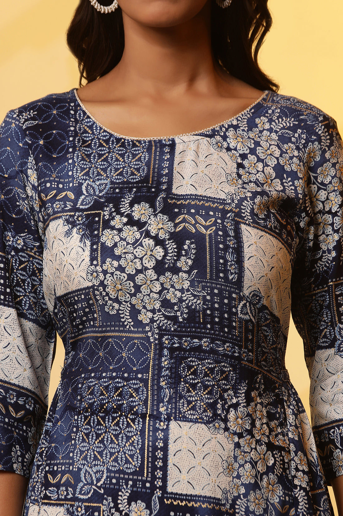 Blue Floral Printed Patch Work Flared Kurta and Leggings Set
