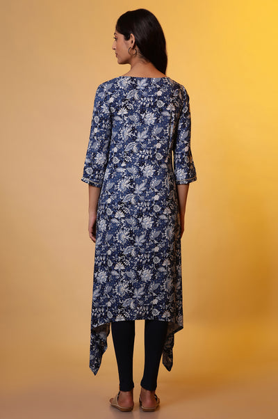 Blue Floral Printed Asymmetrical Kurta and Leggings Set