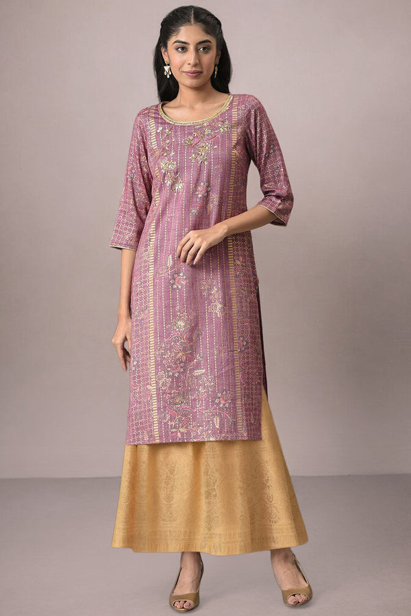 Purple Sequins Viscose Blend Straight Kurta and Skirt Set